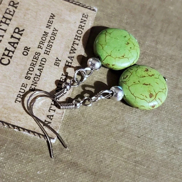 Handcrafted Silver and Green Magnesite Gemstone Puffed Coin Dangle Earrings - Picture 4 of 7